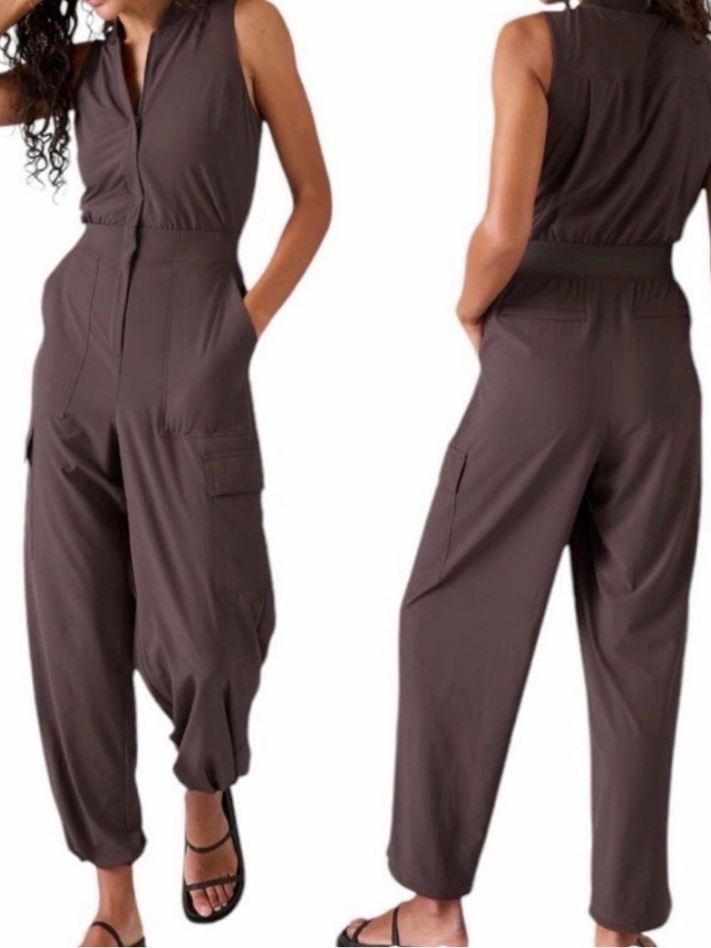 Athleta Sleeveless Cargo Jumpsuit in Dark Brown